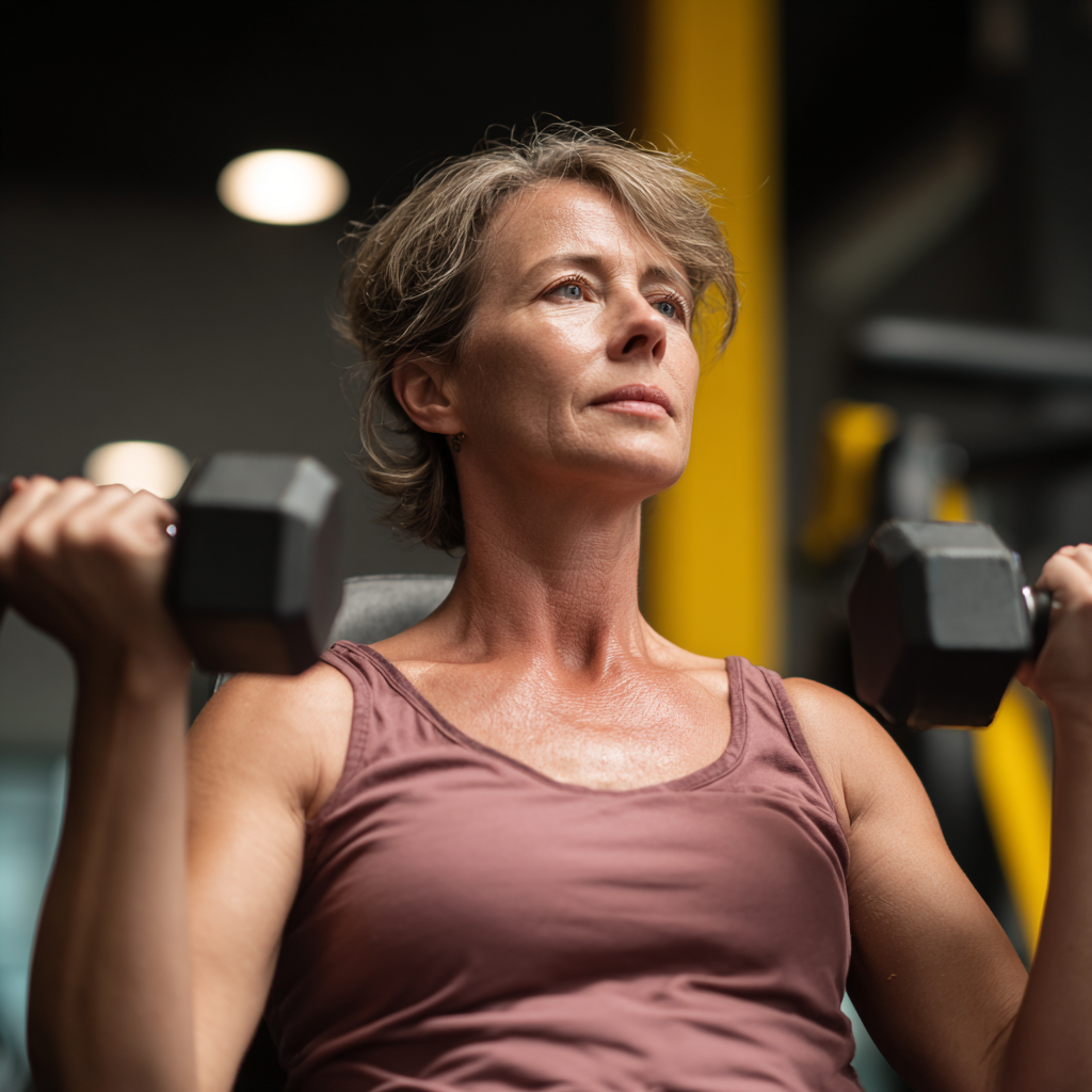 Middle-aged woman doing strength training exercises in modern fitness facility