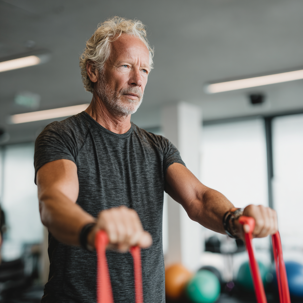 Senior man exercising with resistance bands in bright fitness studio